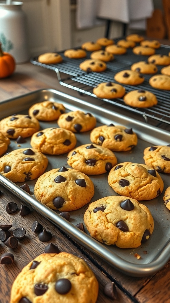 A tray of homemade cookies with chocolate chips on a wooden table, surrounded by baking ingredients.